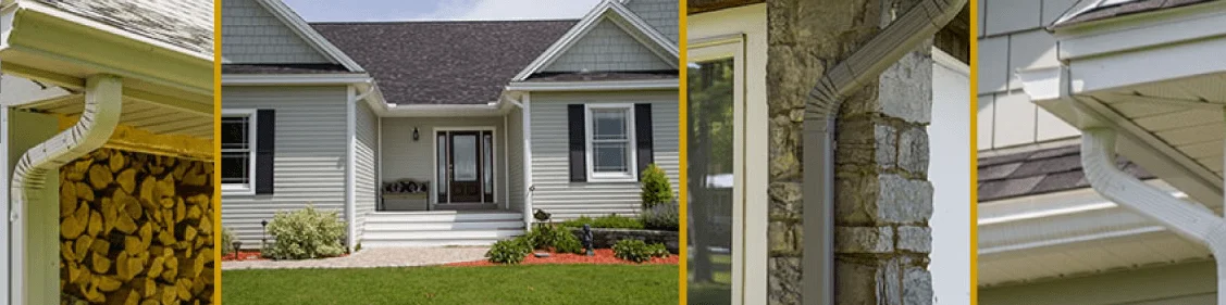 Four-panel collage of seamless gutter installations on Vermont homes